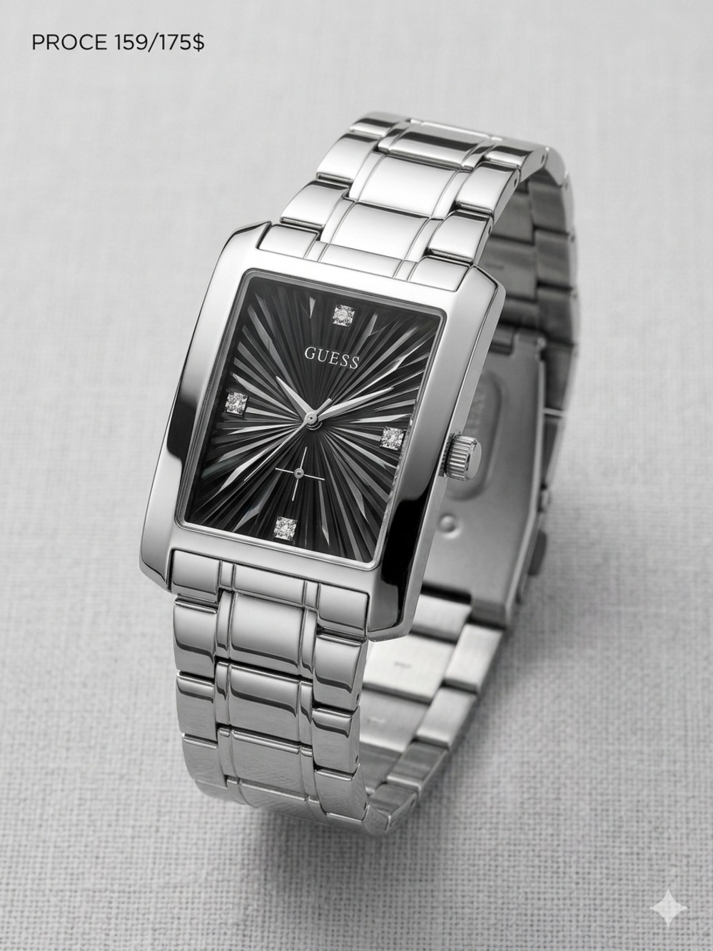 GUESS Steel Black Sunburst Dial Diamond Watch G10150G FREE NEW BATTERY INCLUDED